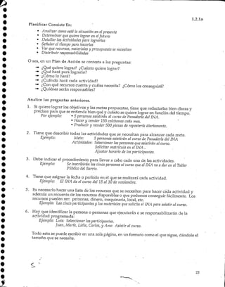 1.2.1a
Planificar Consiste En:
• Analizar como está lasituación en el presente
• Determinar que quiere lograr en el futuro
• Detallar las actividades para lograrlas
• Señalar el tiempo parahacerlas
• Ver que recursos, materiales y presupuesto se necesitan
• Distribuir responsabilidades
O sea, en un Flan de Acción se contesta a las preguntas:
'"** ¿Qué quierelograr? ¿Cuánto quierelograr?
"*• ¿Qué hará para lograrlo?
"•*- ¿Cómo lo hará?
1IB* ¿Cuándo hará cada actividad?
'"* ¿Con qué recursos cuenta y cuáles necesita? ¿Cómo losconseguirá?
'"•»* ¿Quiénes serán responsables?
Analice las preguntas anteriores.
1. Si quiere lograr los objetivos y las metas propuestas, tiene que redactarlas bien claras y
precisas para que se entienda bien qué y cuánto se quiere lograr en función del tiempo.
Por ejemplo: • 5 personas asistirán al curso de Panadería del INA.
* Hacer y vender 150 colchones cada mes.
• Producir j vender 500 piezas de repostería diariamente.
2. Tiene que describir todas las actividades que se necesitan para alcanzar cada meta.
Ejemplo: Meta: 5 personas asistirán al curso de Panadería del INA
Actividades: Seleccionar las personas que asistirán al curso.
Solicitar matricula en el INA .
Ajustar horario de los participantes.
3. Debe indicar el procedimiento para llevar a cabo cada una de las actividades.
Ejemplo: Se inscribirán las cinco personas al curso que el INA va a dar en el.Taller
Público del Barrio. '
4. Tiene que asignarla fecha o período en el que se realizarácada actividad.
Ejemplo: El INA da el curso del 15 al 30 de noviembre.
5". Es necesario hacer una lista de los recursos que se necesiten para hacer cada actividad y
además un recuento de los recursos disponibles o que podemos conseguir fácilmente. Los
recursos pueden ser: personas, dinero, maquinaria, local, etc.
Ejemplo: Las cinco participantes y los materiales que solicite el INA para asistir al curso.
6. Hay que identificar la persona o personas que ejecutaráno se responsabilizarán de la
actividad programada:
Ejemplo: Luis: Seleccionar los participantes,
Juan, María, Lidia, Carlos, y Ana: Asistir al curso.
Todo esto se puede escribir en una sola página, en un formato como el que sigue, dándole el
tamaño que senecesite.
23'
 