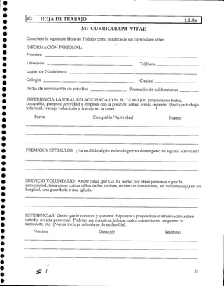 HOJA DE TRABAJO 1.2.8a
MI CURRICULUM VITAE
Complete la siguiente Hoja de Trabajo como práctica de un curriculum vitae:
INFORMACIÓN PERSONAL:
Nombre
Dirección Teléfono
Lugar de Nacimiento
Colegio Ciudad
Fecha de terminación de estudios ' • Promedio de calificaciones
EXPERIENCIA LABORAL RELACIONADACON EL TRABAJO: Proporcione fecha,
compañía, puesto o actividad y empiece con la posición actual o más reciente. (Incluya trabajo
informal, trabajo voluntario y trabajo en la casa). *
Fecha Compañía /Actividad Puesto
PREMIOS YESTÍMULOS: ¿Ha recibido algún estímulo por su desempeño en alguna actividad?
SERVICIO VOLUNTARIO: Anote cosas que Ud. ha hecho por otras personas o por la
comunidad, tales como cuidar niños de las vecinas, recolectar donaciones, ser voluntario(a) en un
hospital, una guardería o una iglesia.
REFERENCIAS: Gente que le conozca y que esté dispuesta a proporcionar información sobre
usted a un jefe potencial. Podrían ser maestros, jefes actuales o anteriores, un pastor o
sacerdote, etc. (Nunca incluya miembros de su familia).
Nombre Dirección Teléfono
51
 