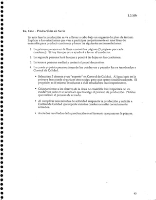 1.2.10b
2a. Fase - Producción en Serie
En esta fase la producción se va a llevar a cabo bajo un organizado plan de trabajo.
Explicar a los estudiantes que van a participar conjuntamente en una línea de
ensamble para producir cuadernos y hacer las siguientes recomendaciones:
1. La primera persona en la línea contará las páginas (5 páginas por cada
cuaderno). Si hay tiempo extra ayudará a forrar el cuaderno.
2. La segunda persona hará huecos y pondrá las hojas en los cuadernos.
3. La tercera persona medirá y cortará el papel decorativo.
4. La cuarta y quinta persona forrarán los cuadernos y pasarán los ya terminados a
Control de Calidad.
• Seleccione 5 obreros y un "experto" en Control de Calidad. Al igual que en la
primera fase puede organizar otro equipo para que opere simultáneamente. El
propósito es el mismo; involucrar a más estudiantes en el experimento.
• Coloque frente a los obreros de la línea de ensamble los recipientes de los
cuadernos justo en el orden en que lo exige el proceso de producción. Pídales
que realicen el proceso de armado.
• Al cumplirse seis minutos de actividad suspenda la producción y solicite a
Control de Calidad que reporte cuántos cuadernos están correctamente
armados.
• Anote los resultados de la producción en el formato que puso en la pizarra.
63
 