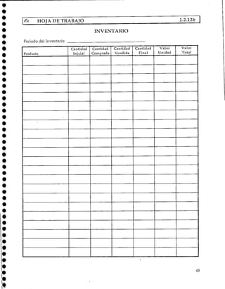 £D HOJA DE TRABAJO 1.2.12b
Periodo del Inventario
Producto
.
•
INVENTARIO
Cantidad
Inicial
Cantidad
Comprada
Cantidad
Vendida
Cantidad
Final
Valor
Unidad
Valor
Total
69
 