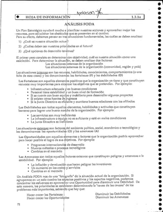 HOJA DE INFORMACIÓN 1.3.1a
ANÁLISIS PODA
Un Plan Estratégico ayudará mucho a planificar nuestras acciones y aprovechar mejor los
•recursos, para solucionar los obstáculo^ que se presenten en el camino.
Para su efecto, debemos pensar en tres situacionesfundamentales, las cuáles se deben analizar:
1} ;Cuál es nuestra situación actual?
i
2) ¿Cuáles deben ser nuestras prioridades en el futuro?
3) ¿Qué opciones de desarrollo tenemos?
El primer paso consiste en determinar con objetividad/ cuál es nuestra situación como una
asociación. Para determinar la situación, se deben analizar dos factores:
internas de la organización
externas de la organización (comunidad/ región y país)
os, habilidades, conocimientos, comportamientos (o una
Las situaciones
Las situaciones
Las situaciones internas son los recur<
falta de esas cosas) y las denominamos: las fortalezas (F) y las debilidades (D)
Las Fortalezas son aquéllos elementos positivos que la organización ya tiene y que constituyen
recursos muy importantes para alcanzar los objetivos que se pretenden. Por ejemplo:
• Infraestructura adecuada y en buenas condiciones
• Personal tiene estabilidady un buen nivel de formación
• Si se cuenta con buen equipo y mobiliario para desarrollar algunos proyectos
• Si existen otras fuentes de ingresos
• Si la Junta Directiva es eficiente y mantiene buenas relaciones con los afiliados
Las Debilidadesson todos aquellos elementos/ habilidades y actitudes que constituyen
barreras para lograr una buena marcha de la organización. Por ejemplo:
• Losservicios son muy ineficientes
• La infraestructura o equipo no es suficientey está en malas condiciones
• La Junta Directiva es ineficiente
Las situaciones externas son factores
las denominamos: lasoportunidade
Las Oportunidades son aquellos elementos o factores que la organización podría aprovechar
para hacer posible el logro de sus objetivos. Por ejemplo:
• Programas internacionales de desarrollo
• Nuevos métodos o procesos tecnológicos
• Cambios en el mercado
Las Amenazasson todos aquellos factores externos que constituyen peligros y amenazas a la
estabilidad. Por ejemplo:
• La inflación y devaluaciónque hacen peligrar las inversiones
• Un aumento en los costos y servicios
• Cambios en el mercado
Un AnálisisFODA nos da una "fotografía" de la situación actual de la organización. SÍ
agrupamos en un solo cuadro los aspectos positivos y los aspectos negativos, podemos
concentrar los esfuerzos en aprovechar una Oportunidad para disminuir una Debilidad. De
esta manera, las prioridades se establecen determinando la "causa de las causas" de los
problemas más importantes/ sabiendo que hay que:
o
e
del ambiente político/ social/ económico o tecnológico y
s (O) y las amenazas (A)
o
Hacer crecer las Fortalezas
Hacer crecer las Oportunidades
Disminuir las Debilidades
Disminuir las Amenazas
72
 