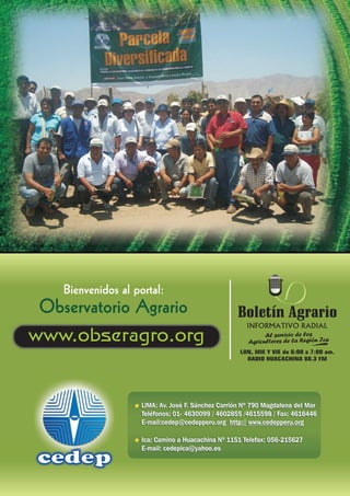 Bienvenidos al portal:
www.obseragro.org
Observatorio Agrario Boletín Agrario
INFORMATIVO RADIAL
LUN, MIE Y VIE de 6:00 a 7:00 am.
RADIO HUACACHINA 88.3 FM
A v ci de ll ser i o os
gr cul ore d a ó aA i t s e l Regi n Ic
 