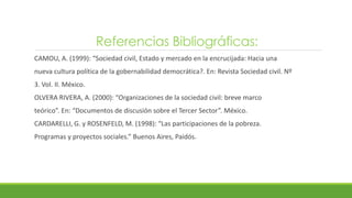 Referencias Bibliográficas:
CAMOU, A. (1999): “Sociedad civil, Estado y mercado en la encrucijada: Hacia una
nueva cultura política de la gobernabilidad democrática?. En: Revista Sociedad civil. Nº
3. Vol. II. México.
OLVERA RIVERA, A. (2000): “Organizaciones de la sociedad civil: breve marco
teórico”. En: “Documentos de discusión sobre el Tercer Sector”. México.
CARDARELLI, G. y ROSENFELD, M. (1998): “Las participaciones de la pobreza.
Programas y proyectos sociales.” Buenos Aires, Paidós.
 