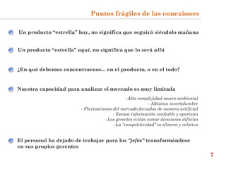 Un producto “estrella” hoy, no significa que seguirá siéndolo mañana ¿En qué debemos concentrarnos... en el producto, o en el todo? Un producto “estrella”  aquí , no significa que lo será  allá Nuestra capacidad para analizar el mercado es muy limitada - Alta complejidad macro-ambiental - Altísima incertidumbre - Fluctuaciones del mercado forzadas de manera artificial Escasa información confiable y oportuna Los gerentes evitan tomar decisiones difíciles La “competitividad” es efímera y relativa El personal ha dejado de trabajar para los  “jefes”  transformándose en sus propios gerentes Puntos frágiles de las conexiones 7 