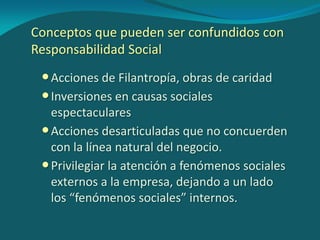 Conceptos que pueden ser confundidos con
Responsabilidad Social
Acciones de Filantropía, obras de caridad
Inversiones en...