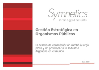 Gestión Estratégica en
Organismos Públicos

El desafío de consensuar un rumbo a largo
plazo y de posicionar a la Industria
Argentina en el mundo


                                   Julio 2009
 