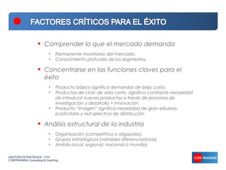 •   Comprender lo que el mercado demanda
                          •    Permanente monitoreo del mercado.
                          •    Conocimiento profundo de los segmentos.

                   •   Concentrarse en las funciones claves para el
                       éxito
                          •    Producto básico significa demandas de bajo costo.
                          •    Productos de ciclo de vida corto, significa constante necesidad
                               de introducir nuevos productos a través de procesos de
                               investigación y desarrollo + innovación.
                          •    Producto “imagen” significa necesidad de gran esfuerzo
                               publicitario y red selectiva de distribución.

                   •   Análisis estructural de la industria
                          •    Organización (competitiva o oligopolio).
                          •    Grupos estratégicos (variables diferenciadoras).
                          •    Ámbito local, regional, nacional o mundial.

GESTIÓN ESTRATÉGICA - FVV
COMTRAINING Consulting & Coaching
 