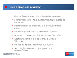 •   Economías de escala, p.e. la industria automotriz.
                  •   Economías de ámbito, p.e. industrias de productos de
                      consumo.
                  •   Diferenciación de producto, p.e. la industria de la
                      moda.
                  •   Requisitos de capital, p.e. la industria bancaria.
                  •   Accesos a canales de distribución, p.e. Coca-Cola.
                  •   Costos de cambio, p.e. software MS-Office o
                      Windows.
                  •   Precios de ingresos disuasivos, p.e. Apple.
                  •   Tecnologías patentadas, p.e. productos
                      farmacéuticos.
GESTIÓN ESTRATÉGICA - FVV
COMTRAINING Consulting & Coaching
 