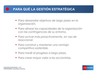 PARA QUÉ LA GESTIÓN ESTRATÉGICA


                  •   Para desarrollar objetivos de largo plazo en la
                      organización.
                  •   Para alinear las capacidades de la organización
                      con las contingencias de su entorno.
                  •   Para actuar más proactivamente, en vez de
                      reaccionar.
                  •   Para construir y mantener una ventaja
                      competitiva sostenible.
                  •   Para medir el progreso a largo plazo.
                  •   Para crear mayor valor a los accionistas.


GESTIÓN ESTRATÉGICA - FVV
COMTRAINING Consulting & Coaching
 