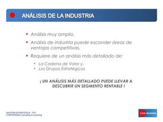 •   Análisis muy amplio.
                  •   Análisis de industria puede esconder áreas de
                      ventajas competitivas.
                  •   Requiere de un análisis más detallado de:
                         • La Cadena de Valor y,
                         • Los Grupos Estratégicos


                               ¡ UN ANÁLISIS MÁS DETALLADO PUEDE LLEVAR A
                                     DESCUBRIR UN SEGMENTO RENTABLE !




GESTIÓN ESTRATÉGICA - FVV
COMTRAINING Consulting & Coaching
 