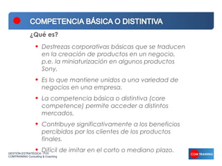 ¿Qué es?

                  •   Destrezas corporativas básicas que se traducen
                      en la creación de productos en un negocio,
                      p.e. la miniaturización en algunos productos
                      Sony.
                  •   Es lo que mantiene unidos a una variedad de
                      negocios en una empresa.
                  •   La competencia básica o distintiva (core
                      competence) permite acceder a distintos
                      mercados.
                  •   Contribuye significativamente a los beneficios
                      percibidos por los clientes de los productos
                      finales.
                  •   Difícil de imitar en el corto o mediano plazo.
GESTIÓN ESTRATÉGICA - FVV
COMTRAINING Consulting & Coaching
 