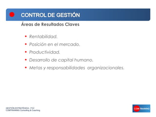 Áreas de Resultados Claves

                  •   Rentabilidad.
                  •   Posición en el mercado.
                  •   Productividad.
                  •   Desarrollo de capital humano.
                  •   Metas y responsabilidades organizacionales .




GESTIÓN ESTRATÉGICA - FVV
COMTRAINING Consulting & Coaching
 