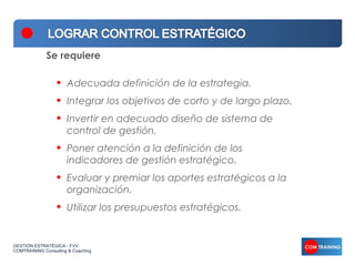 Se requiere

                  •   Adecuada definición de la estrategia.
                  •   Integrar los objetivos de corto y de largo plazo.
                  •   Invertir en adecuado diseño de sistema de
                      control de gestión.
                  •   Poner atención a la definición de los
                      indicadores de gestión estratégico.
                  •   Evaluar y premiar los aportes estratégicos a la
                      organización.
                  •   Utilizar los presupuestos estratégicos.


GESTIÓN ESTRATÉGICA - FVV
COMTRAINING Consulting & Coaching
 