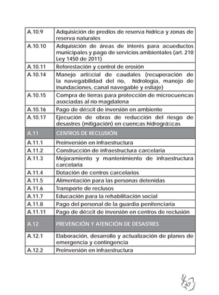 47
A.10.9 Adquisición de predios de reserva hídrica y zonas de
reserva naturales
A.10.10 Adquisición de áreas de interés para acueductos
municipales y pago de servicios ambientales (art. 210
Ley 1450 de 2011)
A.10.11 Reforestación y control de erosión
A.10.14 Manejo artificial de caudales (recuperación de
la navegabilidad del río, hidrología, manejo de
inundaciones, canal navegable y estiaje)
A.10.15 Compra de tierras para protección de microcuencas
asociadas al río magdalena
A.10.16 Pago de déficit de inversión en ambiente
A.10.17 Ejecución de obras de reducción del riesgo de
desastres (mitigación) en cuencas hidrográficas
A.11 CENTROS DE RECLUSIÓN
A.11.1 Preinversión en infraestructura
A.11.2 Construcción de infraestructura carcelaria
A.11.3 Mejoramiento y mantenimiento de infraestructura
carcelaria
A.11.4 Dotación de centros carcelarios
A.11.5 Alimentación para las personas detenidas
A.11.6 Transporte de reclusos
A.11.7 Educación para la rehabilitación social
A.11.8 Pago del personal de la guardia penitenciaria
A.11.11 Pago de déficit de inversión en centros de reclusión
A.12 PREVENCIÓN Y ATENCIÓN DE DESASTRES
A.12.1 Elaboración, desarrollo y actualización de planes de
emergencia y contingencia
A.12.2 Preinversión en infraestructura
 