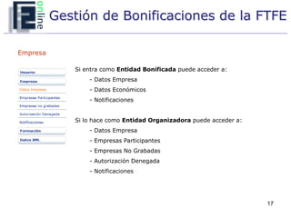 Gestión de Bonificaciones de la FTFE

Empresa

             Si entra como Entidad Bonificada puede acceder a:
                 - Datos Empresa
                 - Datos Económicos
                 - Notificaciones


             Si lo hace como Entidad Organizadora puede acceder a:
                 - Datos Empresa
                 - Empresas Participantes
                 - Empresas No Grabadas
                 - Autorización Denegada
                 - Notificaciones




                                                                     17
 