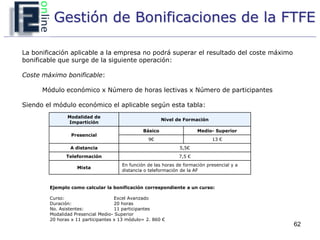 Gestión de Bonificaciones de la FTFE

La bonificación aplicable a la empresa no podrá superar el resultado del coste máximo
bonificable que surge de la siguiente operación:

Coste máximo bonificable:

      Módulo económico x Número de horas lectivas x Número de participantes

Siendo el módulo económico el aplicable según esta tabla:
               Modalidad de
                                                        Nivel de Formación
               Impartición
                                               Básico                  Medio- Superior
                 Presencial
                                                 9€                          13 €
                A distancia                                    5,5€
              Teleformación                                    7,5 €
                                      En función de las horas de formación presencial y a
                   Mixta
                                      distancia o teleformación de la AF


        Ejemplo como calcular la bonificación correspondiente a un curso:

        Curso:                      Excel Avanzado
        Duración:                   20 horas
        No. Asistentes:             11 participantes
        Modalidad Presencial Medio- Superior
        20 horas x 11 participantes x 13 módulo= 2. 860 €
                                                                                            62
 