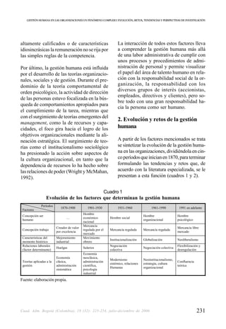 GESTIÓN HUMANA EN LAS ORGANIZACIONES UN FENÓMENO COMPLEJO: EVOLUCIÓN, RETOS, TENDENCIAS Y PERSPECTIVAS DE INVESTIGACIÓN




altamente calificados o de características                          La interacción de todos estos factores lleva
idiosincrásicas la remuneración no se rija por                      a comprender la gestión humana más allá
las simples reglas de la competencia.                               de una labor administrativa de cumplir con
                                                                    unos procesos y procedimientos de admi-
Por último, la gestión humana está influida                         nistración de personal y permite visualizar
por el desarrollo de las teorías organizacio-                       el papel del área de talento humano en rela-
nales, sociales y de gestión. Durante el pre-                       ción con la responsabilidad social de la or-
dominio de la teoría comportamental de                              ganización, la responsabilidad con los
orden psicológico, la actividad de dirección                        diversos grupos de interés (accionistas,
                                                                    empleados, directivos y clientes), pero so-
de las personas estuvo focalizada en la bús-
                                                                    bre todo con una gran responsabilidad ha-
queda de comportamientos apropiados para
                                                                    cia la persona como ser humano.
el cumplimiento de la tarea, mientras que
con el surgimiento de teorías emergentes del
                                                                    2. Evolución y retos de la gestión
management, como la de recursos y capa-
cidades, el foco gira hacia el logro de los                         humana
objetivos organizacionales mediante la ali-
neación estratégica. El surgimiento de teo-                         A partir de los factores mencionados se trata
rías como el institucionalismo sociológico                          se sintetizar la evolución de la gestión huma-
ha presionado la acción sobre aspectos de                           na en las organizaciones, dividiéndola en cin-
la cultura organizacional, en tanto que la                          co períodos que inician en 1870, para terminar
dependencia de recursos lo ha hecho sobre                           formulando las tendencias y retos que, de
las relaciones de poder (Wright y McMahan,                          acuerdo con la literatura especializada, se le
1992).                                                              presentan a esta función (cuadros 1 y 2).


                                            Cuadro 1
                  Evolución de los factores que determinan la gestión humana
               Períodos
                             1870-1900          1901-1930           1931-1960               1961-1990           1991 en adelante
 Factores
                                             Hombre
 Concepción ser                                                                        Hombre                  Hombre
                                 …           económico         Hombre social
 humano                                                                                organizacional          psicológico
                                             racional
                                             Mercancía
                          Creador de valor                                                                     Mercancía libre
 Concepción trabajo                          regulada por el   Mercancía regulada      Mercancía regulada
                          por excelencia                                                                       mercado
                                             mercado
 Características del      Mejoramiento       Movimiento
                                                               Institucionalización    Globalización           Neoliberalismo
 momento histórico        industrial         obrero
 Relaciones laborales                                          Negociación                                     Flexibilización y
                          Huelgas            Salarios                                  Negociación colectiva
 (factor determinante)                                         colectiva                                       desregulación
                                             Economía
                          Economía           neoclásica,
                                                               Modernismo              Neoinstitucionalismo,
 Teorías aplicadas a la   clásica,           administración                                                    Confluencia
                                                               sistémico, relaciones   estrategia, cultura
 gestión                  administración     científica,                                                       teórica
                                                               Humanas                 organizacional
                          sistemática        psicología
                                             industrial
Fuente: elaboración propia.




Cuad. Adm. Bogotá (Colombia), 19 (32): 225-254, julio-diciembre de 2006                                                      231
 