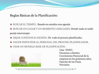 Reglas Básicas de la Planificación:

  BUSCAR EL TIEMPO. Basado en estudiar una agenda.
  BUSCAR UN LUGAR Y UN MOMENTO ADECUADO. Donde nada ni nadie
pueda interrumpir.
  DEJAR CONSTANCIA ESCRITA. De todo el proceso planificador.
  HACER PARTICIPAR AL PERSONAL DEL PROCESO PLANIFICADOR.
  USAR UN MODELO BASE DE PLANIFICACIÓN.
                                   Usar DAFO.
                                   Encuetas a clientes.
                                   Crecimiento Potencial de la
                                   empresa en los próximos años.
                                   Fijación de los Fines.
                                   Previsión.
 