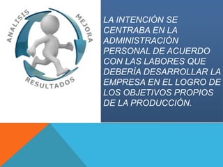 LA INTENCIÓN SE
CENTRABA EN LA
ADMINISTRACIÓN
PERSONAL DE ACUERDO
CON LAS LABORES QUE
DEBERÍA DESARROLLAR LA
EMPRESA EN EL LOGRO DE
LOS OBJETIVOS PROPIOS
DE LA PRODUCCIÓN.
 