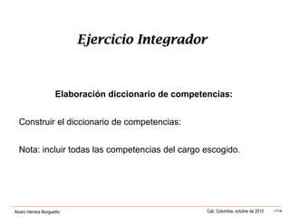 Alvaro Herrera Murgueitio Cali, Colombia, octubre de 2010 -114-
Ejercicio IntegradorEjercicio Integrador
Elaboración diccionario de competencias:
Construir el diccionario de competencias:
Nota: incluir todas las competencias del cargo escogido.
 