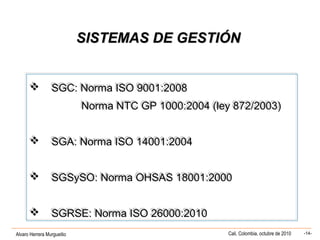 Alvaro Herrera Murgueitio Cali, Colombia, octubre de 2010 -14-
SISTEMAS DE GESTIÓNSISTEMAS DE GESTIÓN
 SGC: Norma ISO 9001:2008
Norma NTC GP 1000:2004 (ley 872/2003)
 SGA: Norma ISO 14001:2004
 SGSySO: Norma OHSAS 18001:2000
 SGRSE: Norma ISO 26000:2010
 SGC: Norma ISO 9001:2008
Norma NTC GP 1000:2004 (ley 872/2003)
 SGA: Norma ISO 14001:2004
 SGSySO: Norma OHSAS 18001:2000
 SGRSE: Norma ISO 26000:2010
 
