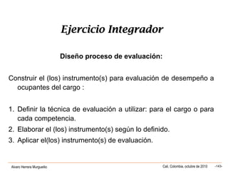 Alvaro Herrera Murgueitio Cali, Colombia, octubre de 2010 -143-
Ejercicio IntegradorEjercicio Integrador
Diseño proceso de evaluación:
Construir el (los) instrumento(s) para evaluación de desempeño a
ocupantes del cargo :
1. Definir la técnica de evaluación a utilizar: para el cargo o para
cada competencia.
2. Elaborar el (los) instrumento(s) según lo definido.
3. Aplicar el(los) instrumento(s) de evaluación.
 