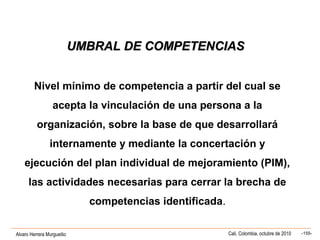 Alvaro Herrera Murgueitio Cali, Colombia, octubre de 2010 -155-
Nivel mínimo de competencia a partir del cual se
acepta la vinculación de una persona a la
organización, sobre la base de que desarrollará
internamente y mediante la concertación y
ejecución del plan individual de mejoramiento (PIM),
las actividades necesarias para cerrar la brecha de
competencias identificada.
UMBRAL DE COMPETENCIASUMBRAL DE COMPETENCIAS
 