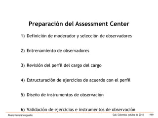 Alvaro Herrera Murgueitio Cali, Colombia, octubre de 2010 -169-
1) Definición de moderador y selección de observadores
2) Entrenamiento de observadores
3) Revisión del perfil del cargo del cargo
4) Estructuración de ejercicios de acuerdo con el perfil
5) Diseño de instrumentos de observación
6) Validación de ejercicios e instrumentos de observación
Preparación del Assessment Center
 