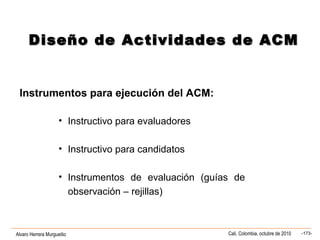 Alvaro Herrera Murgueitio Cali, Colombia, octubre de 2010 -173-
• Instructivo para evaluadores
• Instructivo para candidatos
• Instrumentos de evaluación (guías de
observación – rejillas)
Diseño de Actividades de ACMDiseño de Actividades de ACM
Instrumentos para ejecución del ACM:
 
