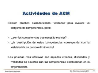 Alvaro Herrera Murgueitio Cali, Colombia, octubre de 2010 -174-
Existen pruebas estandarizadas, validadas para evaluar un
conjunto de competencias, pero:
• ¿son las competencias que necesito evaluar?
• ¿la descripción de estas competencias corresponde con la
establecida en nuestro diccionario?
Las pruebas mas efectivas son aquellas creadas, diseñadas y
validadas de acuerdo con las competencias establecidas en la
organización.
Actividades de ACMActividades de ACM
 