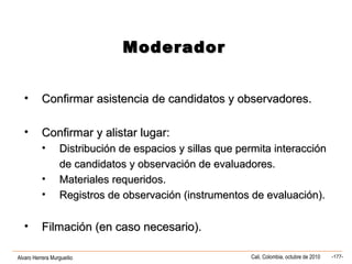 Alvaro Herrera Murgueitio Cali, Colombia, octubre de 2010 -177-
• Confirmar asistencia de candidatos y observadores.Confirmar asistencia de candidatos y observadores.
• Confirmar y alistar lugar:Confirmar y alistar lugar:
• Distribución de espacios y sillas que permita interacciónDistribución de espacios y sillas que permita interacción
de candidatos y observación de evaluadores.de candidatos y observación de evaluadores.
• Materiales requeridos.Materiales requeridos.
• Registros de observación (instrumentos de evaluación).Registros de observación (instrumentos de evaluación).
• Filmación (en caso necesario).Filmación (en caso necesario).
ModeradorModerador
 