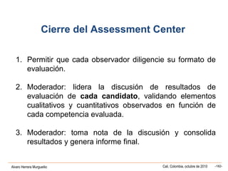 Alvaro Herrera Murgueitio Cali, Colombia, octubre de 2010 -182-
1. Permitir que cada observador diligencie su formato de
evaluación.
2. Moderador: lidera la discusión de resultados de
evaluación de cada candidato, validando elementos
cualitativos y cuantitativos observados en función de
cada competencia evaluada.
3. Moderador: toma nota de la discusión y consolida
resultados y genera informe final.
Cierre del Assessment Center
 