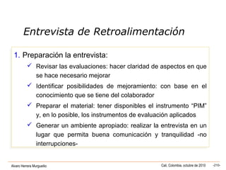 Alvaro Herrera Murgueitio Cali, Colombia, octubre de 2010 -210-
1. Preparación la entrevista:
 Revisar las evaluaciones: hacer claridad de aspectos en que
se hace necesario mejorar
 Identificar posibilidades de mejoramiento: con base en el
conocimiento que se tiene del colaborador
 Preparar el material: tener disponibles el instrumento “PIM”
y, en lo posible, los instrumentos de evaluación aplicados
 Generar un ambiente apropiado: realizar la entrevista en un
lugar que permita buena comunicación y tranquilidad -no
interrupciones-
1. Preparación la entrevista:
 Revisar las evaluaciones: hacer claridad de aspectos en que
se hace necesario mejorar
 Identificar posibilidades de mejoramiento: con base en el
conocimiento que se tiene del colaborador
 Preparar el material: tener disponibles el instrumento “PIM”
y, en lo posible, los instrumentos de evaluación aplicados
 Generar un ambiente apropiado: realizar la entrevista en un
lugar que permita buena comunicación y tranquilidad -no
interrupciones-
Entrevista de Retroalimentación
 