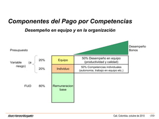 Alvaro Herrera Murgueitio Cali, Colombia, octubre de 2010 -232-Alvaro Herrera Murgueitio
Componentes del Pago por Competencias
Desempeño en equipo y en la organización
Desempeño
Presupuesto Bonos
20% Equipo
50% Desempeño en equipo
(productividad y calidad)
20% Individuo
50% Competencias individuales
(autonomia, trabajo en equipo etc.)
FIJO 80%
Variable (a
riesgo)
Remuneracion
base
 