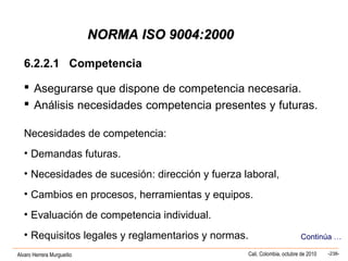 Alvaro Herrera Murgueitio Cali, Colombia, octubre de 2010 -238-
NORMA ISO 9004:2000NORMA ISO 9004:2000
6.2.2.1 Competencia
 Asegurarse que dispone de competencia necesaria.
 Análisis necesidades competencia presentes y futuras.
Necesidades de competencia:
• Demandas futuras.
• Necesidades de sucesión: dirección y fuerza laboral,
• Cambios en procesos, herramientas y equipos.
• Evaluación de competencia individual.
• Requisitos legales y reglamentarios y normas. Continúa …
 