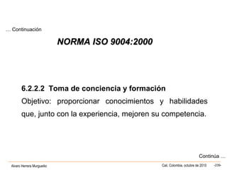 Alvaro Herrera Murgueitio Cali, Colombia, octubre de 2010 -239-
6.2.2.2 Toma de conciencia y formación
Objetivo: proporcionar conocimientos y habilidades
que, junto con la experiencia, mejoren su competencia.
Continúa …
… Continuación
NORMA ISO 9004:2000NORMA ISO 9004:2000
 