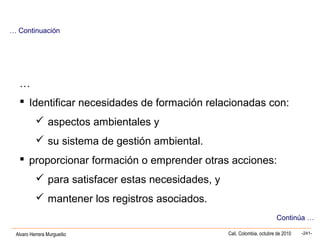 Alvaro Herrera Murgueitio Cali, Colombia, octubre de 2010 -241-
…
 Identificar necesidades de formación relacionadas con:
 aspectos ambientales y
 su sistema de gestión ambiental.
 proporcionar formación o emprender otras acciones:
 para satisfacer estas necesidades, y
 mantener los registros asociados.
… Continuación
Continúa …
 