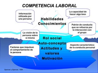 Alvaro Herrera Murgueitio Cali, Colombia, octubre de 2010 -26-
Rol social
Auto-concepto
Actitudes y
valores
Motivación
Habilidades
Conocimientos
La capacidad de
hacer algo bienInformación
utilizada por
una persona
Patrón de conducta
que se refuerza por
la interacción con
el grupoLa visión de la
persona sobre
sí misma
Aspecto característico
de la conducta personalFactores que impulsan
el comportamiento de
la persona
COMPETENCIA LABORALCOMPETENCIA LABORAL
Spencer y Spencer, 1984
 