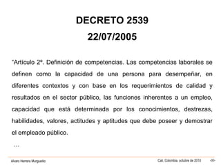 Alvaro Herrera Murgueitio Cali, Colombia, octubre de 2010 -30-
DECRETO 2539
22/07/2005
“Artículo 2º. Definición de competencias. Las competencias laborales se
definen como la capacidad de una persona para desempeñar, en
diferentes contextos y con base en los requerimientos de calidad y
resultados en el sector público, las funciones inherentes a un empleo,
capacidad que está determinada por los conocimientos, destrezas,
habilidades, valores, actitudes y aptitudes que debe poseer y demostrar
el empleado público.
…
 