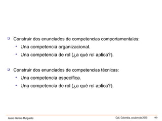 Alvaro Herrera Murgueitio Cali, Colombia, octubre de 2010 -40-
 Construir dos enunciados de competencias comportamentales:
 Una competencia organizacional.
 Una competencia de rol (¿a qué rol aplica?).
 Construir dos enunciados de competencias técnicas:
 Una competencia específica.
 Una competencia de rol (¿a qué rol aplica?).
 