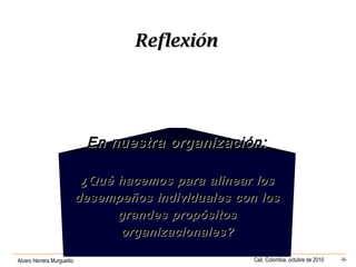 Alvaro Herrera Murgueitio Cali, Colombia, octubre de 2010 -5-
En nuestra organización:En nuestra organización:
¿Qué hacemos para alinear los¿Qué hacemos para alinear los
desempeños individuales con losdesempeños individuales con los
grandes propósitosgrandes propósitos
organizacionales?organizacionales?
ReflexiónReflexión
 