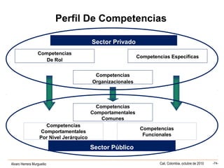 Alvaro Herrera Murgueitio Cali, Colombia, octubre de 2010 -74-
Perfil De Competencias
Competencias
Organizacionales
Competencias
De Rol
Competencias Específicas
Competencias
Comportamentales
Comunes
Competencias
Comportamentales
Por Nivel Jerárquico
Competencias
Funcionales
Sector Público
Sector Privado
 