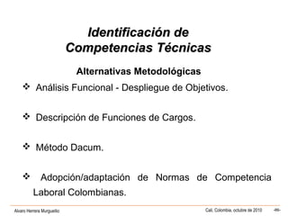 Alvaro Herrera Murgueitio Cali, Colombia, octubre de 2010 -86-
Identificación deIdentificación de
CompetenciasCompetencias TécnicasTécnicas
Alternativas Metodológicas
 Análisis Funcional - Despliegue de Objetivos.
 Descripción de Funciones de Cargos.
 Método Dacum.
 Adopción/adaptación de Normas de Competencia
Laboral Colombianas.
 