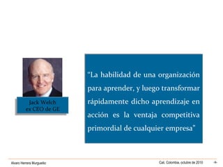 Alvaro Herrera Murgueitio Cali, Colombia, octubre de 2010 -9-
“La habilidad de una organización
para aprender, y luego transformar
rápidamente dicho aprendizaje en
acción es la ventaja competitiva
primordial de cualquier empresa”
“La habilidad de una organización
para aprender, y luego transformar
rápidamente dicho aprendizaje en
acción es la ventaja competitiva
primordial de cualquier empresa”
Jack Welch
ex CEO de GE
Jack Welch
ex CEO de GE
 