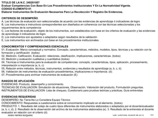 Alvaro Herrera Murgueitio Cali, Colombia, octubre de 2010 -98-
TITULO DE LA N.C. 240201007
Evaluar Competencias Con Base En Los Procedimientos Institucionales Y En La Normatividad Vigente.
CODIGO ELEMENTO 01
Elaborar Instrumentos De Evaluación Necesarios Para La Recolección Y Registro De Evidencias.
CRITERIOS DE DESEMPEÑO
A, Las técnicas de evaluación son seleccionadas de acuerdo con las evidencias de aprendizaje ó indicadores de logro
B, Los instrumentos e instructivos correspondientes son diseñados en coherencia con las técnicas seleccionadas y los
requerimientos de la competencia
C, Los factores de evaluación, objeto de los instrumentos, son establecidos con base en los criterios de evaluación y las evidencias
de aprendizaje ó indicadores de logro
D, Los instrumentos son ajustados o adaptados según resultados de la validación
E, Los instrumentos son archivados con base en los procedimientos institucionales.
CONOCIMIENTOS Y COMPRENSIONES ESENCIALES
01, Evaluación: Marco conceptual y normativo, Concepto, características, métodos, modelos, tipos, técnicas y su relación con la
formación y certificación (todos)
02, Medición, Calificación, Evaluación: relaciones, clasificación, implicaciones, características. (todos)
03, Medición y evaluación cualitativa y cuantitativa (todos)
04, Técnicas e Instrumentos para la evaluación de competencias: concepto, características, tipos, aplicación, procesamiento,
interpretación e importancia (a, b, c)
05, Relación entre métodos, técnicas, instrumentos, evidencias y resultados de aprendizaje (a, b, c, d).
06, Validación de instrumentos de evaluación procedimientos, implicaciones e importancia. (d).
07, Procedimientos para archivar instrumentos de evaluación (E)
RANGOS DE APLICACIÓN
EVIDENCIAS: Producto, desempeño y conocimiento.
TECNICAS DE EVALUACION: Simulación de situaciones, Observación, Valoración del producto, Formulación preguntas.
INSTRUMENTOS DE EVALUACION: Lista de chequeo, Cuestionario para pruebas teóricas y prácticas, Guía entrevistas
EVIDENCIAS REQUERIDAS
DESEMPEÑO: No Tiene-No Lo Considera Equipo Técnico
CONOCIMIENTO: Respuestas a cuestionarios sobre el conocimiento implicado en el elemento. (todos).
PRODUCTO: 1. Resultado del cotejo de cuatro tipos diferentes de instrumentos elaborados o adaptados por el docente/evaluador
(a, b, c, d). 2. Resultado de la observación del archivo de los instrumentos elaborados (e). 3. Resultado de la entrevista al docente
evaluador en relación con el criterio (d).
 