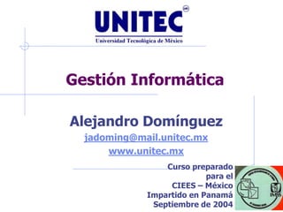 Gestión Informática

Alejandro Domínguez
  jadoming@mail.unitec.mx
      www.unitec.mx
                 Curso preparado
                           para el
                  CIEES – México
             Impartido en Panamá
              Septiembre de 2004
 