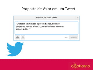 Proposta de Valor em um Tweet

“Oferecer cosméticos a preços baixos, que são
pequenos mimos à beleza, para mulheres vaidosas.
#Lipstickeffect”.

 