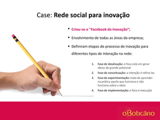 Case: Rede social para inovação


Criou-se o "Facebook da Inovação“;



Envolvimento de todas as áreas da empresa;



Definiram etapas do processo de inovação para
diferentes tipos de interação na rede:
1.

Fase de idealização: o foco está em gerar
ideias de grande potencial

2.

Fase de conceituação: a intenção é refina-las

3.

Fase de experimentação: trata de aprender
na prática aquilo que funciona e não
funciona sobre a ideia

4.

Fase de implementação: o foco é execução

 