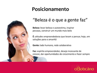 Posicionamento
“Beleza é o que a gente faz”
Beleza: levar beleza e autoestima, inspirar
pessoas, construir um mundo mais belo
É: atitudes empreendedoras que levam a pensar, hoje, em
soluções para o amanhã
Gente: lado humano, rede colaborativa
Faz: espírito empreendedor, desejo incessante de
crescer, dar oportunidades de crescimento e fazer sempre
mais.​​

 
