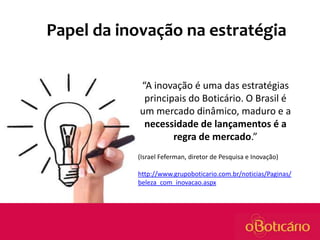Papel da inovação na estratégia
“A inovação é uma das estratégias
principais do Boticário. O Brasil é
um mercado dinâmico, maduro e a
necessidade de lançamentos é a
regra de mercado.”
(Israel Feferman, diretor de Pesquisa e Inovação)
http://www.grupoboticario.com.br/noticias/Paginas/
beleza_com_inovacao.aspx

 